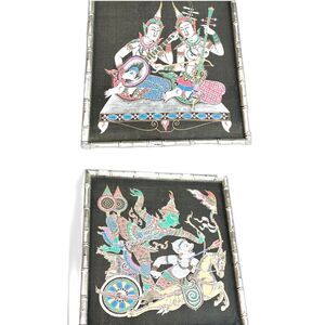Asian Folk Art Oriental Ceremonial Dancing Painted Silk 2 Bamboo Frames Thailand